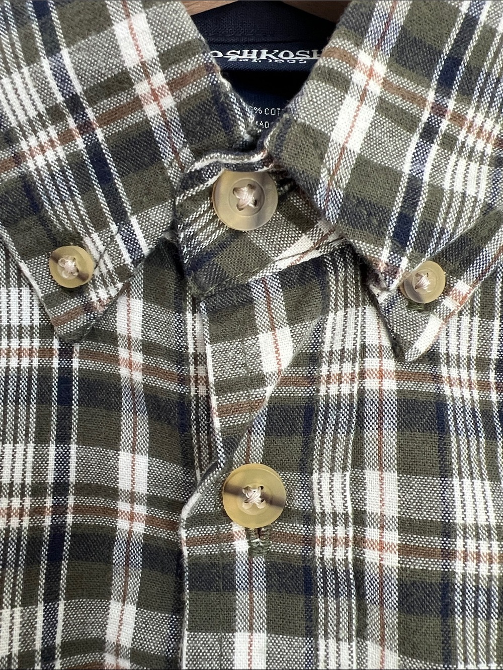 OshKosh B'gosh | 100% Cotton Olive Cream Navy Plaid Button-Down Shirt NWT Sz 3T - Picture 5 of 16